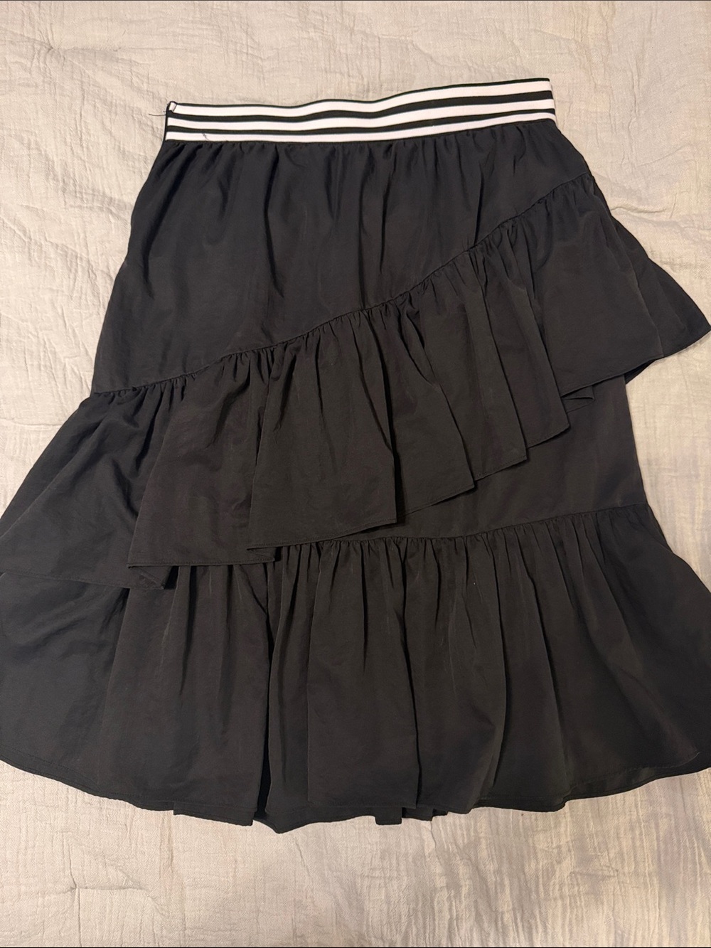 Black Tiered A-Line Skirt with Striped Elastic Waistband